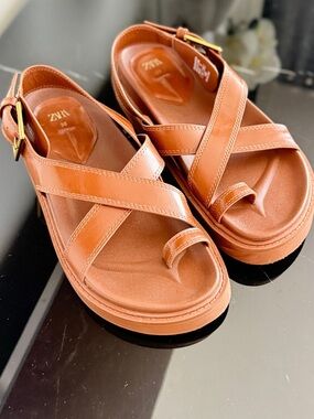 Zara Brown Leather-Look Cross-Strap Platform Sandals